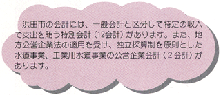 浜田市の会計には、一般会計と区分して特定の収入で支出を賄う特別会計（12会計）があります。また、地方公営企業法の適用を受け、独立採算制を原則とした水道事業、工業用水道事業の公営企業会計（2会計）があります。