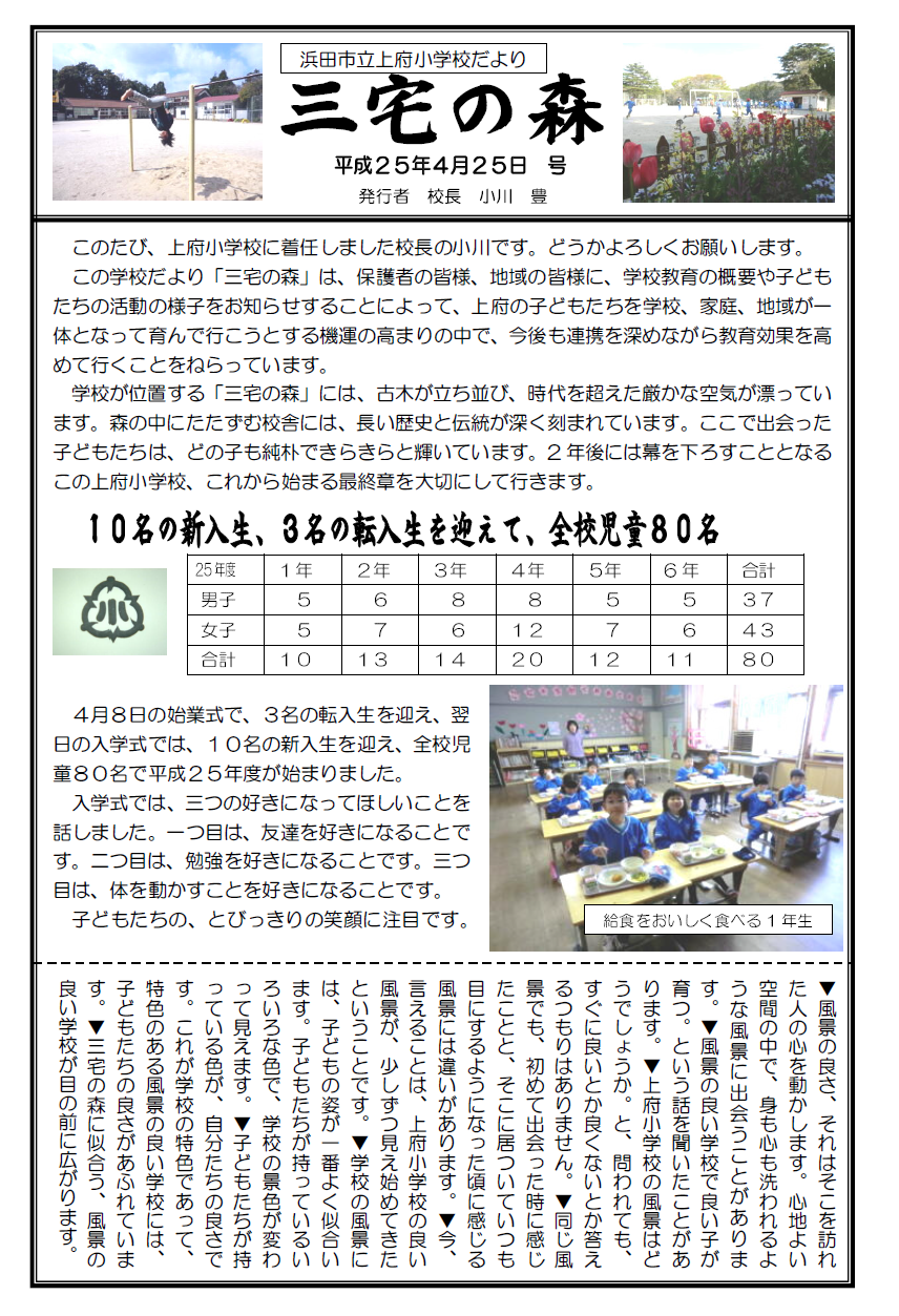 学校だより　平成２５年４月２５日号の表