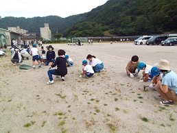 小学生が親子で草取りをしています