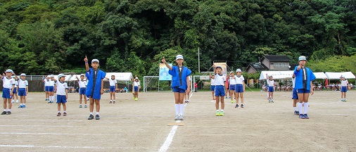 応援合戦青組　全員が右手を上げ空を指さしています