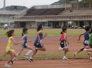 腿を引き上げ，力強く手を振り，長距離を走っています